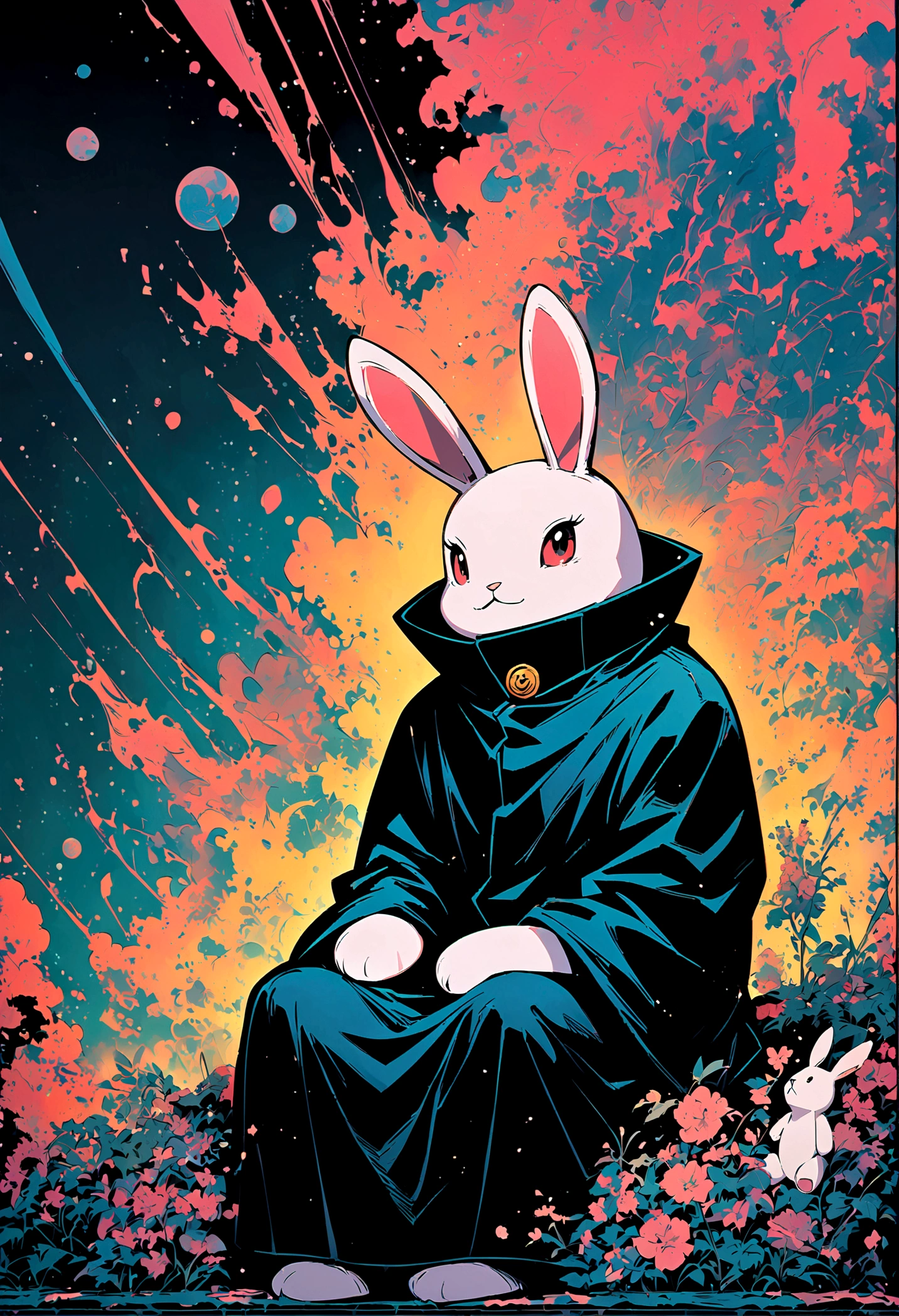 (jujutsu kaisen art style), stuffed bunny sitting by itself, big ears, non human, artwork