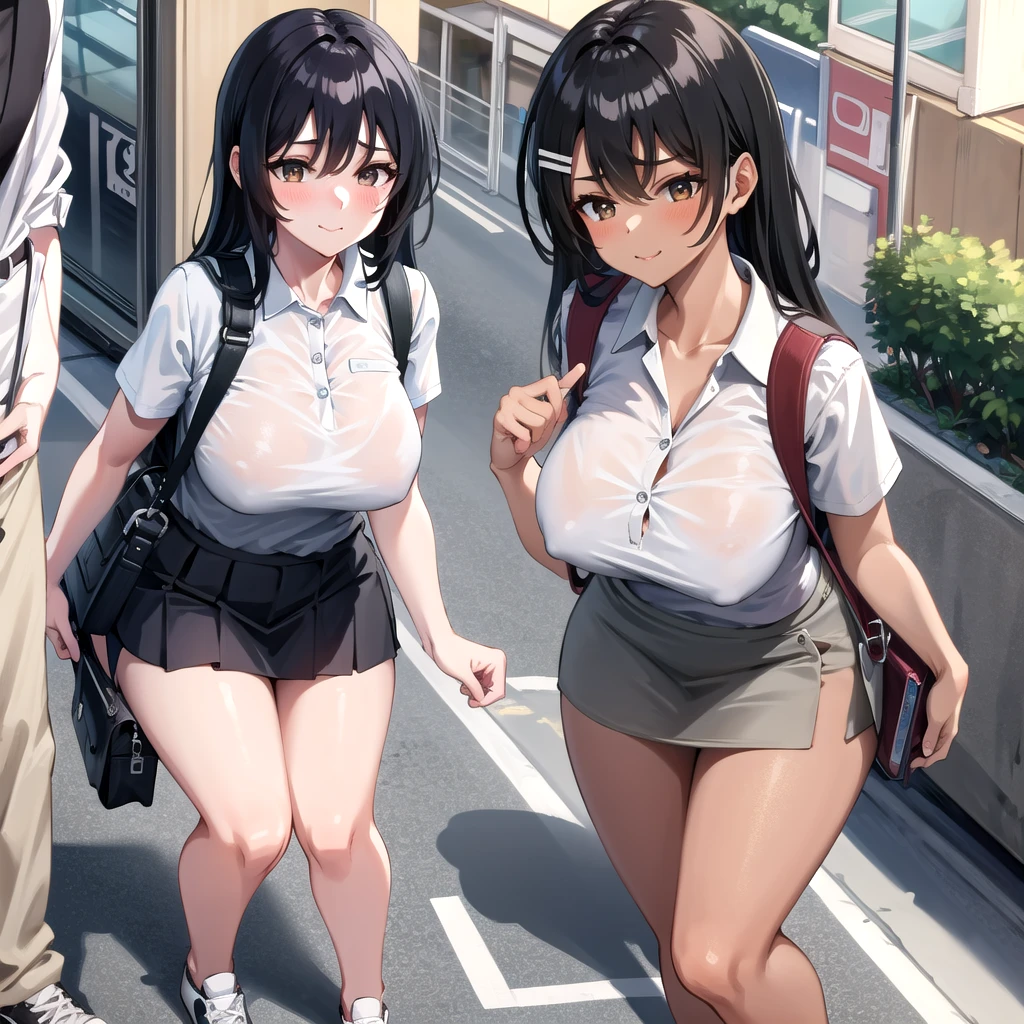 ((best quality)),((masterpiece)),(details),one girl,sexy((best quality)),((masterpiece)),(details),one girl,sexy((best quality)),((masterpiece)),(details),one girl,full body,sexy expensive body,expensive,long legs,mature woman,taller than any building,100 meter tall mature,grabbing a dwarf,grabbing a dwarf,girl taller than a building，huge maiden adult in sneakers,it_nagatoro_main,hayase nagatoro,one girl,blushing,alone,uniform polo shirt,black hair,bag,brown eyes,hair accessory,looking at viewer,hair clip,outdoors,backpack,smiling,long hair,black skinned woman,black skin,,bangs,daytime,skirt,collared shirt,collarbone,ear clip,mouth closed,tree,asymmetrical bangs,upper body