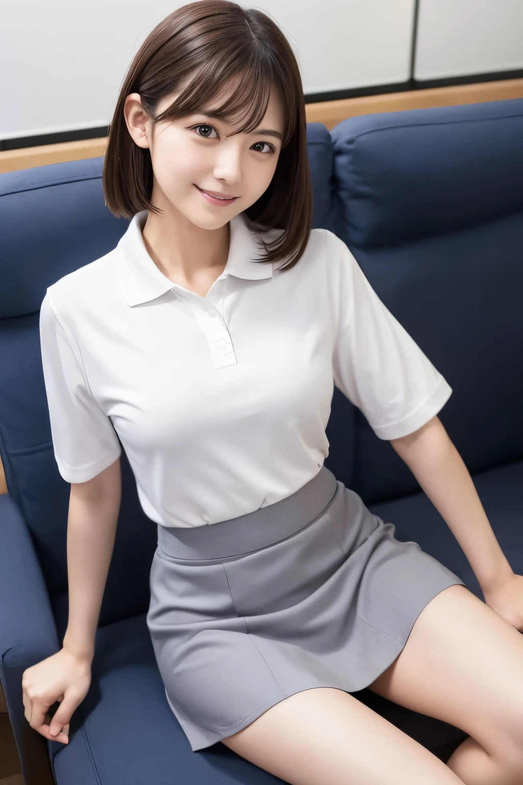 Japanese、high school student、Beauty、Facing forward、Kind eyes、Smiling Kindly、He is wearing a long navy blue short-sleeved polo shirt、She is wearing a grey tight long skirt、Sitting in a chair、Hands outstretched、((Her white underwear is visible between her skirt and legs.))、(Wearing white panties)、She is facing the camera with both knees together.、Anatomically correct body、