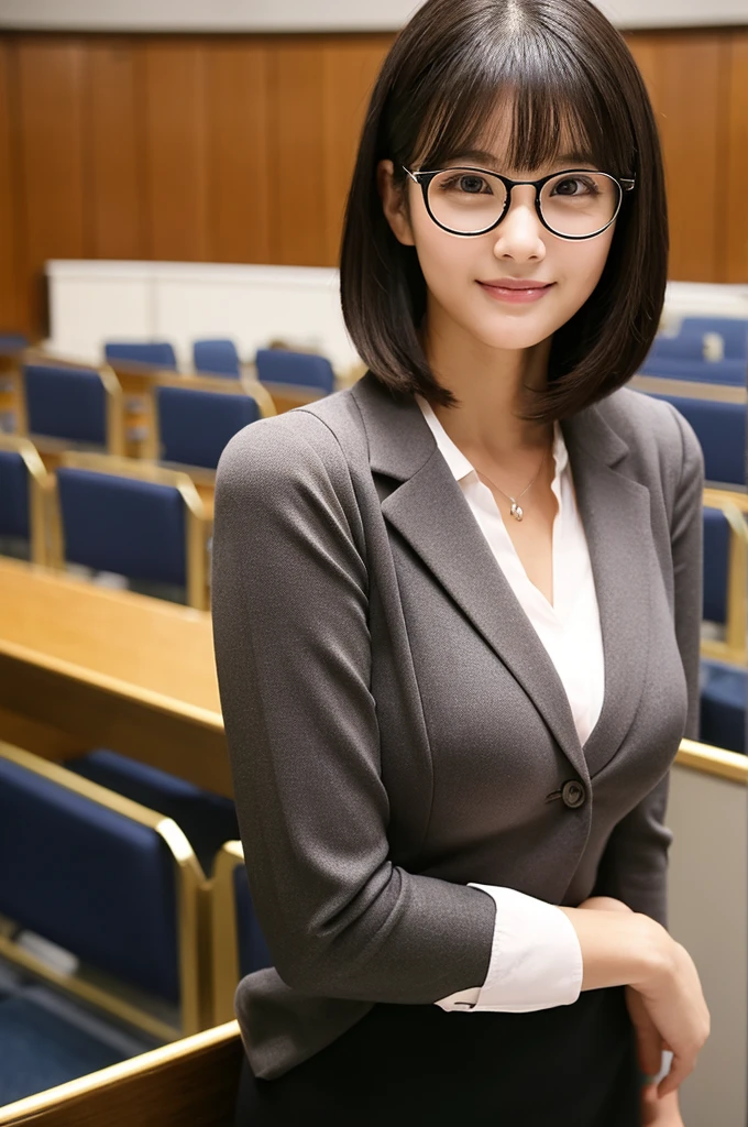 University lecture hall, university psychology associate professor, ((full body)), ((photo)), ((best qualtiy, 8K, tmasterpiece:1.3)), Focus:1.2, perfect figure beautiful woman:1.4, 1woman, cowboy shot, look at viewer, eyes facing the camera, incredibly absurd, beautiful and cute woman with a photorealistic face, showcasing top-quality craftsmanship, A Japanese woman giving a lecture at a university lecture hall, 27 years old, with a bob cut and flipped hair, short bangs swept at an angle, smooth and shiny hair, natural hairline, fair and smooth skin, plump and healthy cheeks, large, jet black eyes, round eyes, long and upward-facing eyelashes, double eyelids, thin and straight eyebrows, small and round nose, plump lips, upturned corners of the mouth, charming smile, cute face, glamorous, well-balanced proportions, tall, beautiful D-cup breasts, silver-rimmed glasses, pink blouse, black tight skirt, fashion with a waist-marked silhouette, scarf, heeled shoes, vanilla perfume, beautiful, pretty older woman, glasses suit her, knowledgeable, playful, curious, intelligent, elegant, November