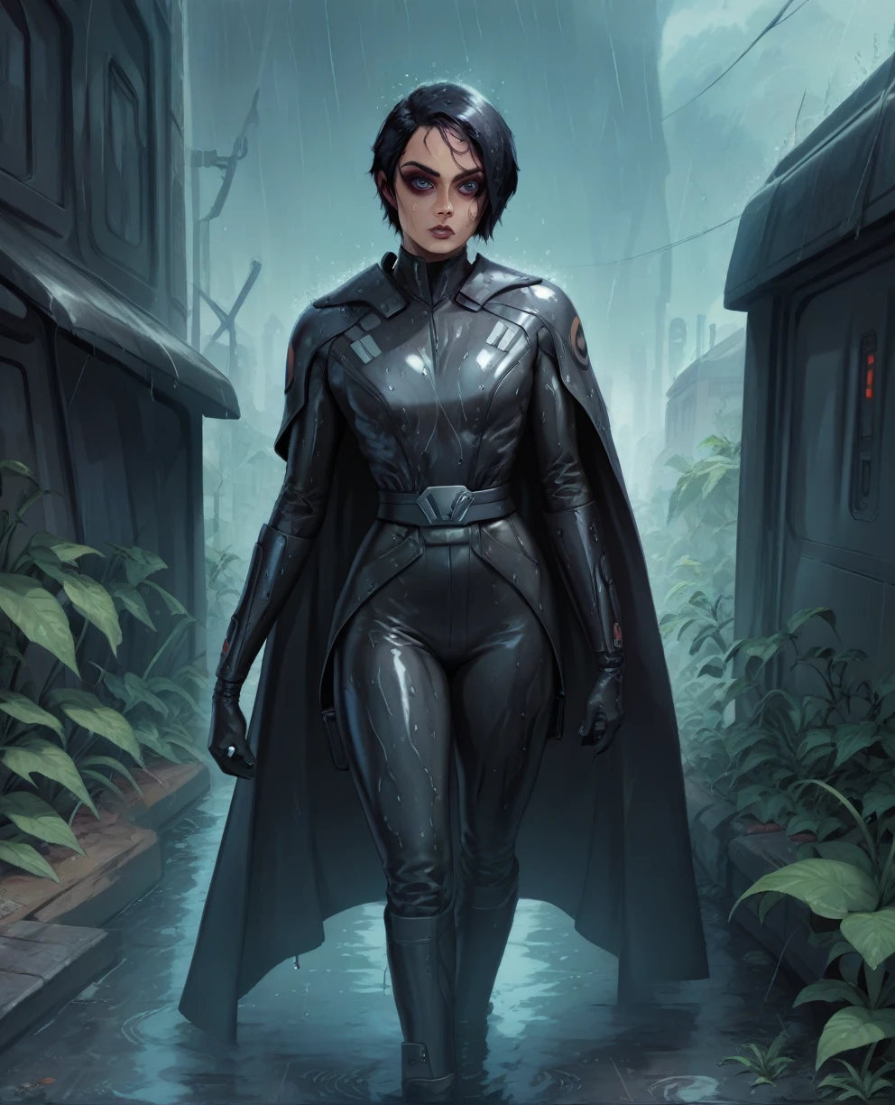 score_9,score_8_up,score_7_up,score_6_up, Black woman sabine wren ,,black hair, FULL body, wet, armor,gloves,black bodysuit,black cape,belt,rain, science fiction,sith base, star wars, outdoors, rain, solo,fflixbag wearing armor sabine wren
