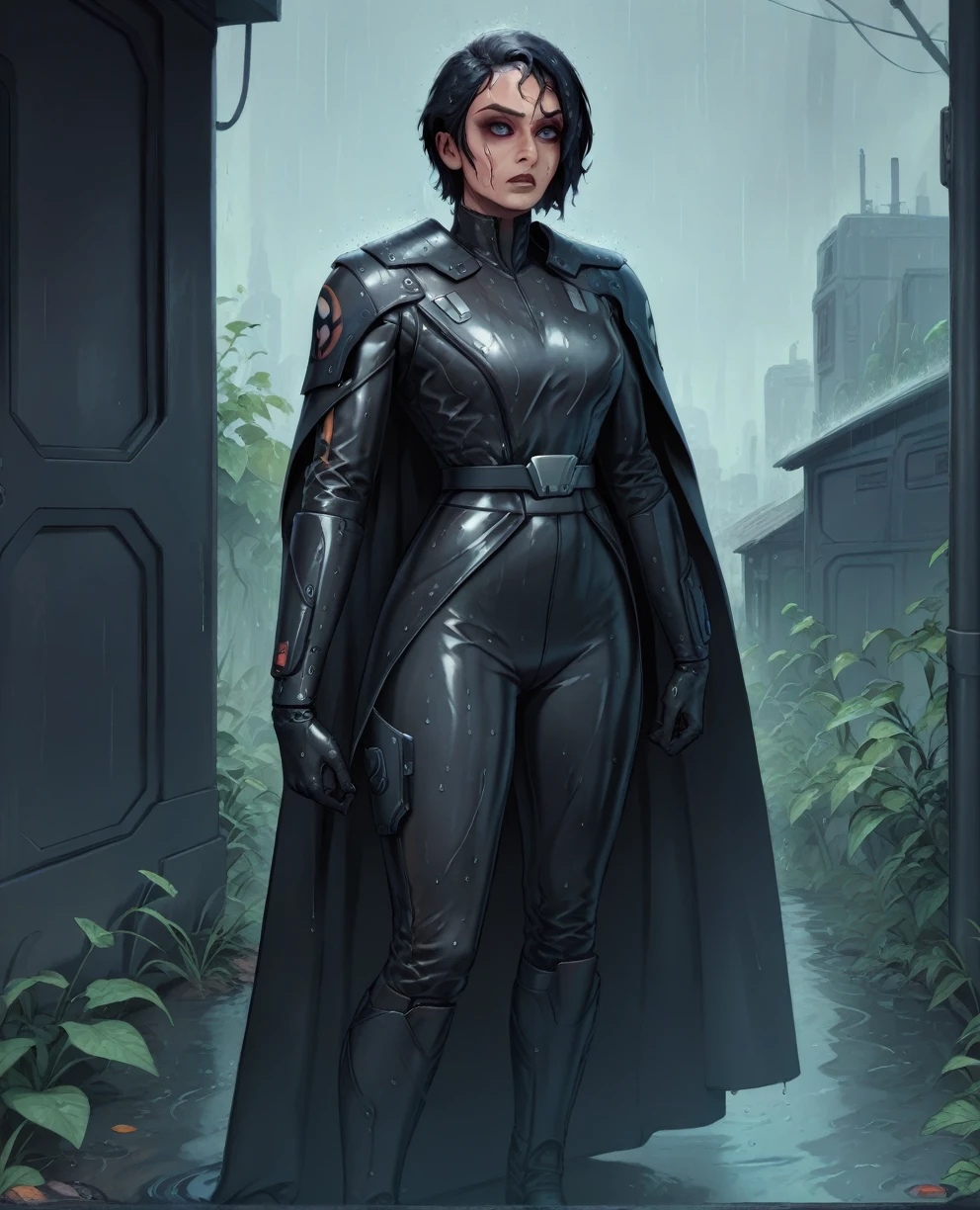 score_9,score_8_up,score_7_up,score_6_up, Black woman sabine wren ,,black hair, FULL body, wet, armor,gloves,black bodysuit,black cape,belt,rain, science fiction,sith base, star wars, outdoors, rain, solo,fflixbag wearing armor sabine wren
