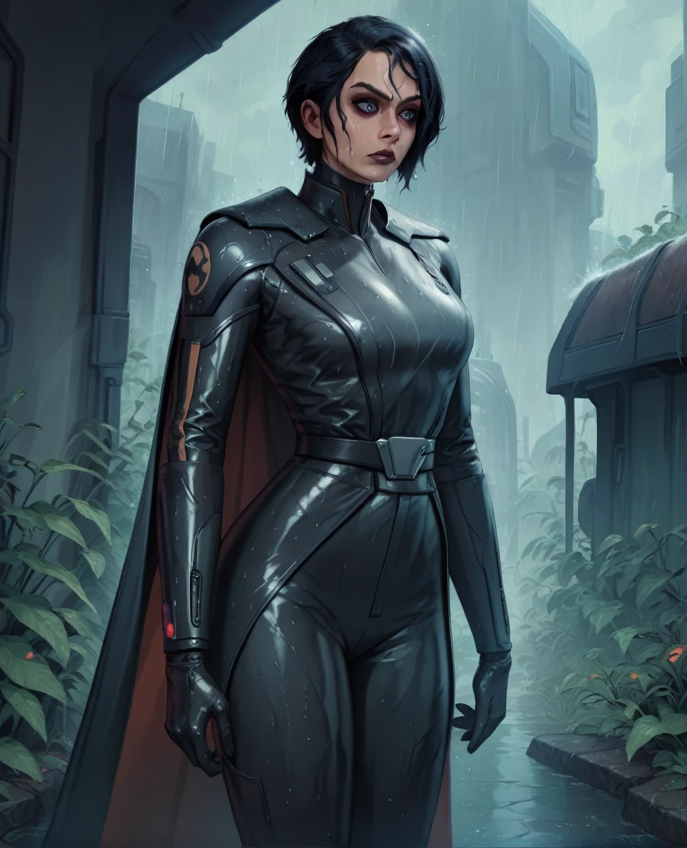 score_9,score_8_up,score_7_up,score_6_up, Black woman sabine wren ,,black hair, FULL body, wet, armor,gloves,black bodysuit,black cape,belt,rain, science fiction,sith base, star wars, outdoors, rain, solo,fflixbag wearing armor sabine wren
