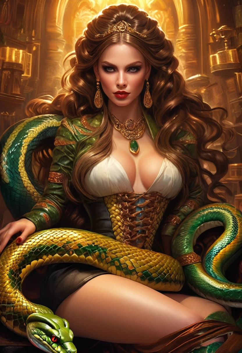 dark fantasy art  (2braids thar become living snakes: 1.5) ((2 identical braids that become snaked: 1.5))of a beautiful woman, reptilian eyes, pale skin, having twin snake braids, ((only two braids made from living snakes: 1.3)) each braid a snake coming out the woman's head, living snake, hissing snake,  on the woman's  head, she wears intricate leather dress, dynamic color dress,  thigh high heeled boots, modern bar background,  dynamic range, vibrant, Ultra-high resolution, High Contrast, (masterpiece:1.5), highest quality, Best aesthetics), best details, best quality, highres, ultra wide angle, 16k, [ultra detailed], masterpiece, best quality, (extremely detailed), snake hair, sn4k3h41r, snake hair