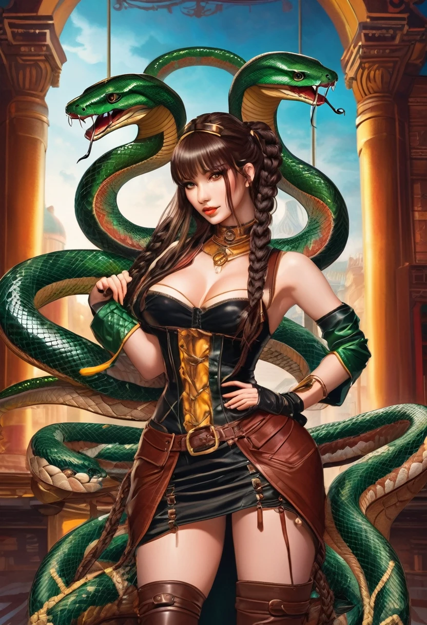 dark fantasy art  (2braids thar become living snakes: 1.5) ((2 identical braids that become snaked: 1.5))of a beautiful woman, reptilian eyes, pale skin, having twin snake braids, ((only two braids made from living snakes: 1.3)) each braid a snake coming out the woman's head, living snake, hissing snake,  on the woman's  head, she wears intricate leather dress, dynamic color dress,  thigh high heeled boots, modern bar background,  dynamic range, vibrant, Ultra-high resolution, High Contrast, (masterpiece:1.5), highest quality, Best aesthetics), best details, best quality, highres, ultra wide angle, 16k, [ultra detailed], masterpiece, best quality, (extremely detailed), snake hair, sn4k3h41r, snake hair