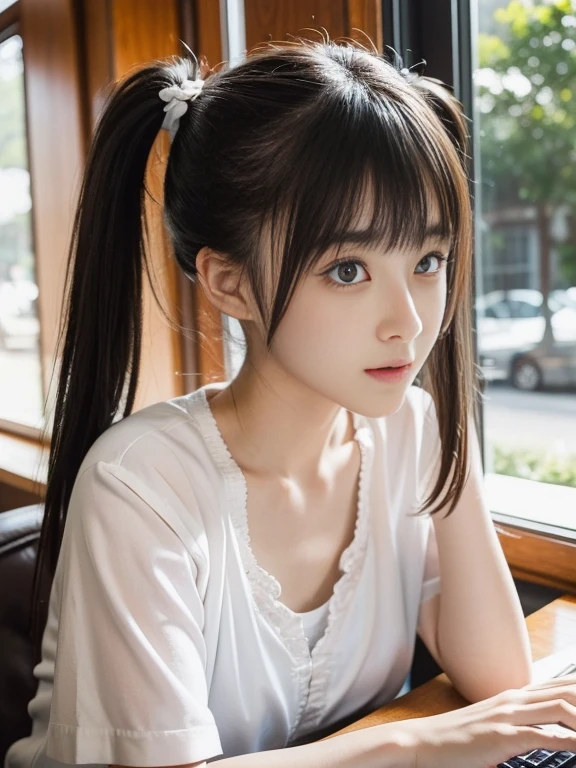 (RAW Photos, Highest quality), masterpiece, 1 Girl, (Twin tails), head shot, Cafe, coffee, reading, Natural light, Stylish, Soft lighting, Warm tones, laptop