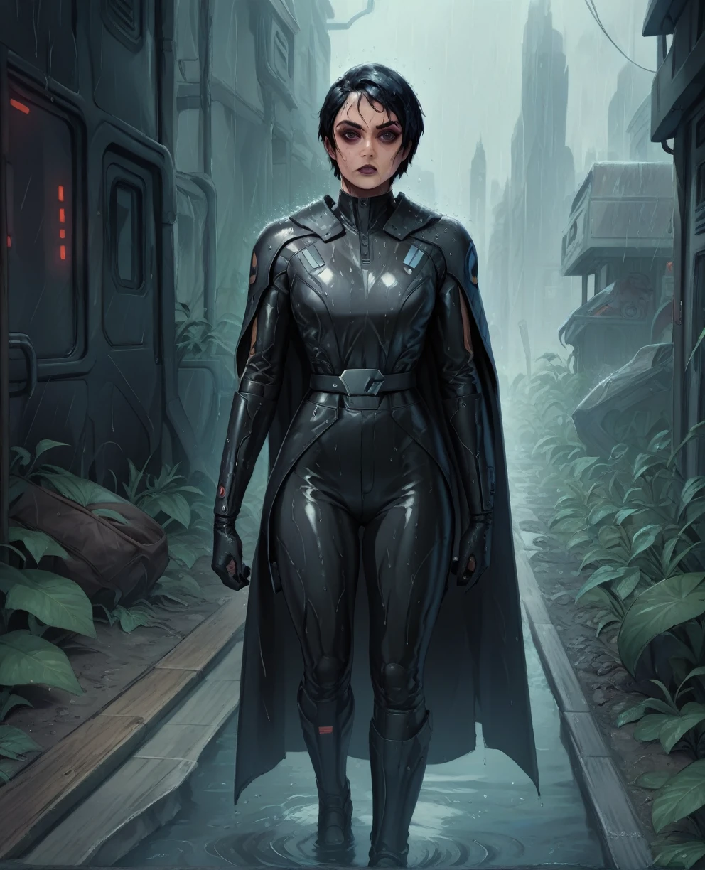 score_9,score_8_up,score_7_up,score_6_up, Black woman sabine wren ,,black hair, FULL body, wet, armor,gloves,black bodysuit,black cape,belt,rain, science fiction,sith base, star wars, outdoors, rain, solo,fflixbag wearing armor sabine wren
