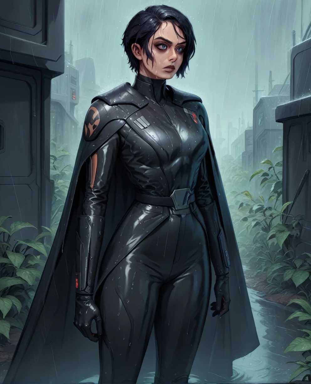 score_9,score_8_up,score_7_up,score_6_up, Black woman sabine wren ,,black hair, FULL body, wet, armor,gloves,black bodysuit,black cape,belt,rain, science fiction,sith base, star wars, outdoors, rain, solo,fflixbag wearing armor sabine wren
