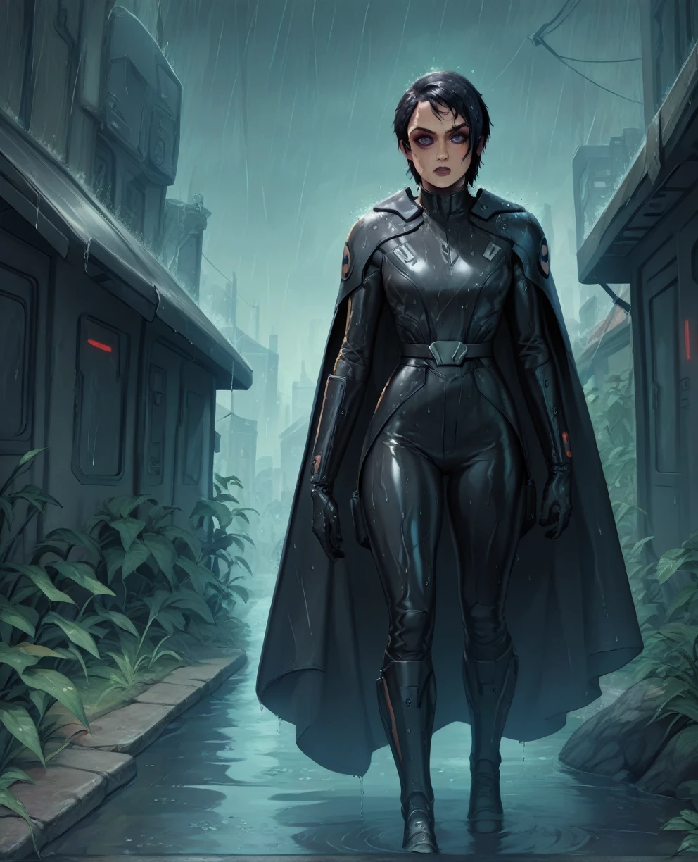 score_9,score_8_up,score_7_up,score_6_up, Black woman sabine wren ,,black hair, FULL body, wet, armor,gloves,black bodysuit,black cape,belt,rain, science fiction,sith base, star wars, outdoors, rain, solo,fflixbag wearing armor sabine wren
