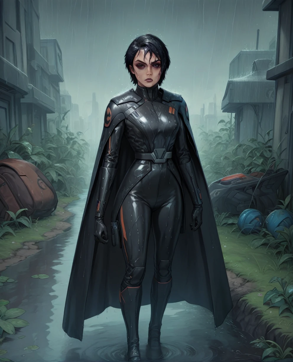 score_9,score_8_up,score_7_up,score_6_up, Black woman sabine wren ,,black hair, FULL body, wet, armor,gloves,black bodysuit,black cape,belt,rain, science fiction,sith base, star wars, outdoors, rain, solo,fflixbag wearing armor sabine wren
