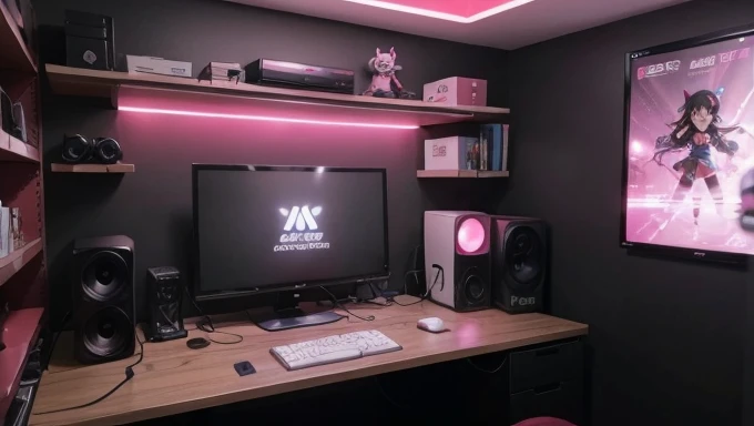 Create a realistic gaming office for a young woman who loves anime, programming, and gaming. The room should have anime posters on the walls and action figures on shelves. Include RGB LED lighting around the room, set to red. The desk should have multiple monitors and be equipped with a comfortable gaming chair. Ensure the setup includes a powerful PC, a mechanical keyboard, a gaming mouse, headphones, and a camera, all in black and pink with LED accents set to red. Add ergonomic accessories like footrests and wrist supports. Personalize the space with themed rugs, stickers on the PC and peripherals, and a corkboard or whiteboard for notes and planning.