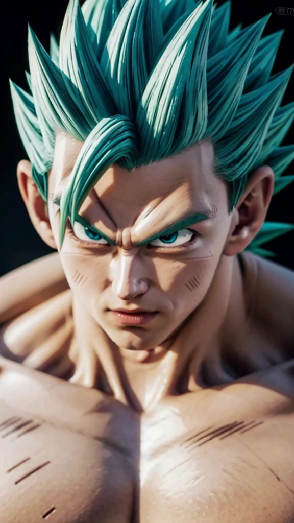 A male character from the Dragon Ball universe, in high quality 4K 3D, looking directly at the camera. The character is in the process of transforming into the Super Saiyan 4 form, with the whole body visible in the image, highlighting the intensity and power of transformation. Expressive, realistic details are essential to convey the magnitude of change."