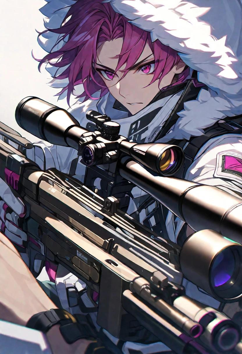 Solo, 1 male, short magenta hair, light red eyes, black shirt, white fur hood, sniper