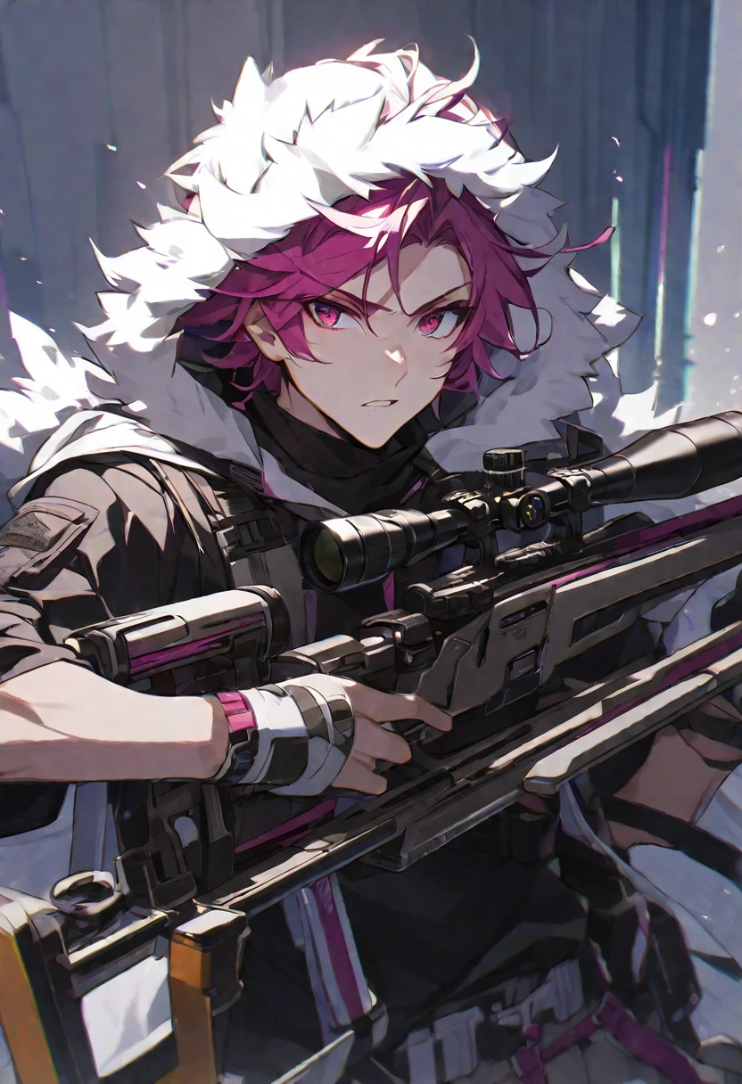 Solo, 1 male, short magenta hair, light red eyes, black shirt, white fur hood, sniper