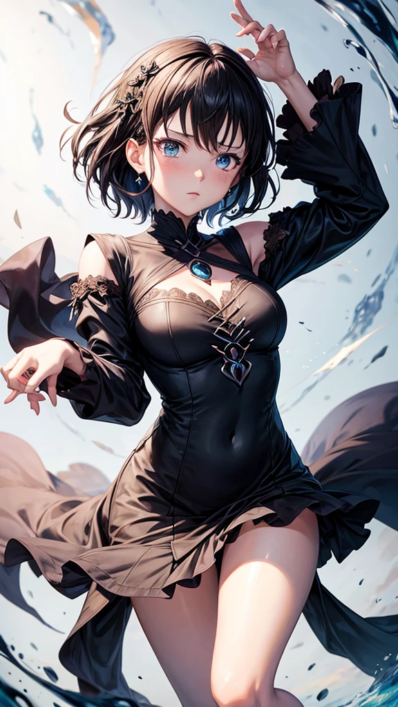 An Anime girl in black clover style with short brown hair with blue eyes