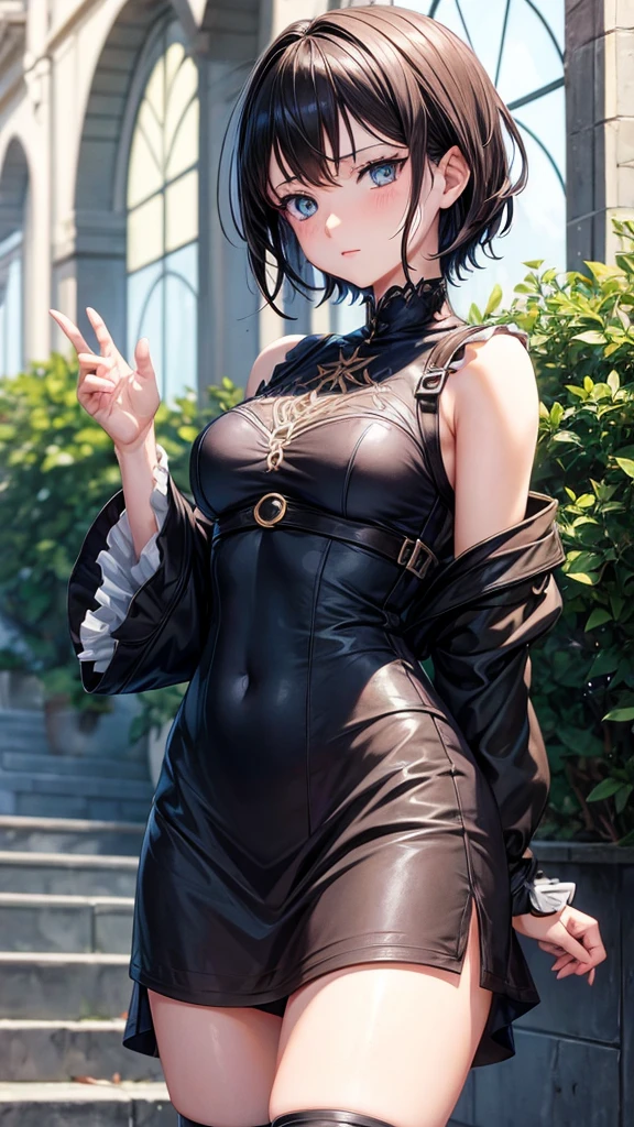 An Anime girl in black clover style with short brown hair with blue eyes 