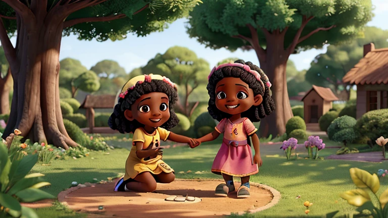 View Hadassa and Sophiachildren, Black Sisters, playing together in the garden, sharing toys and laughing happily. They exchange secrets at the foot of a leafy tree, with expressions of confidence and joy. No fundo, the cozy house and the peaceful forest