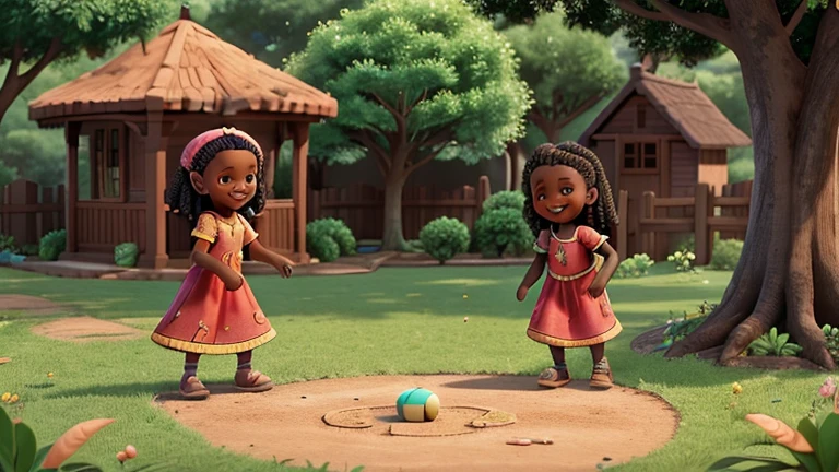 View Hadassa and Sophiachildren, Black Sisters, playing together in the garden, sharing toys and laughing happily. They exchange secrets at the foot of a leafy tree, with expressions of confidence and joy. No fundo, the cozy house and the peaceful forest