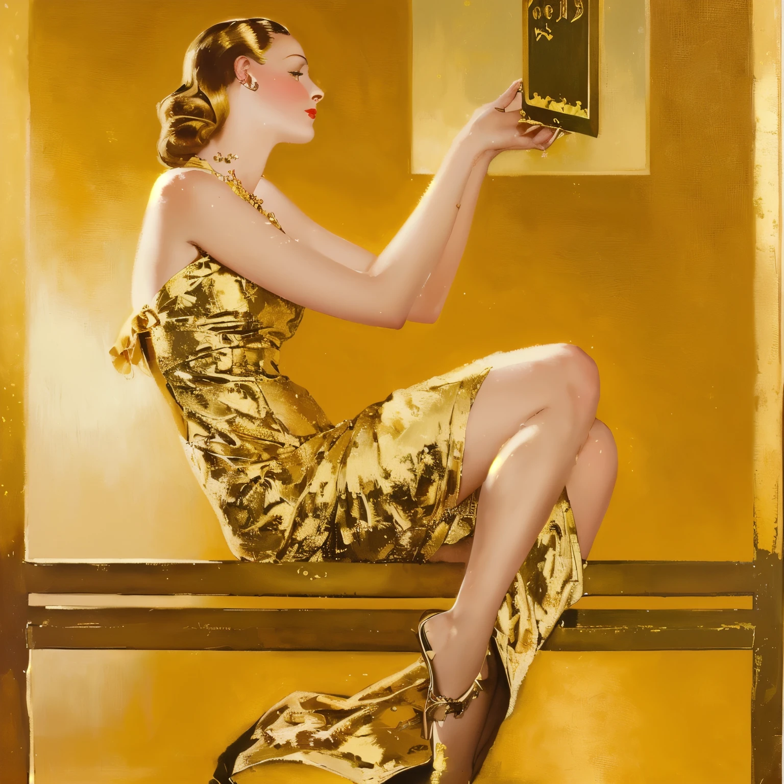 painting of a woman in a gold dress sitting on a bench, inspired by Coles Phillips, enoch bolles, part leyendecker style, inspired by joseph christian leyendecker, inspired by J. C. Leyendecker, inspired by J.C. Leyendecker, leyendecker style, hints of coles phillips, inspired by Frank Xavier Leyendecker