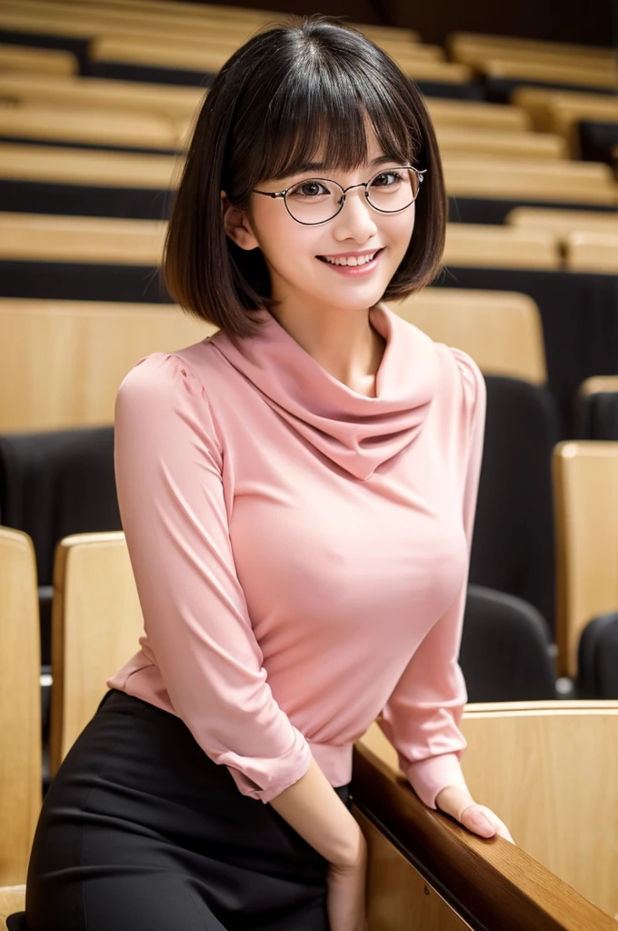 University lecture hall, university psychology associate professor, ((full body)), ((photo)), ((best qualtiy, 8K, tmasterpiece:1.3)), Focus:1.2, perfect figure beautiful woman:1.4, 1woman, cowboy shot, look at viewer, eyes facing the camera, incredibly absurd, beautiful and cute woman with a photorealistic face, showcasing top-quality craftsmanship, A Japanese woman giving a lecture at a university lecture hall, 27 years old, with a bob cut and flipped hair, short bangs swept at an angle, smooth and shiny hair, natural hairline, fair and smooth skin, plump and healthy cheeks, large, jet black eyes, round eyes, long and upward-facing eyelashes, double eyelids, thin and straight eyebrows, small and round nose, plump lips, upturned corners of the mouth, charming smile, cute face, glamorous, well-balanced proportions, tall, beautiful D-cup breasts, silver-rimmed glasses, pink blouse, black tight skirt, fashion with a waist-marked silhouette, scarf, heeled shoes, vanilla perfume, beautiful, pretty older woman, glasses suit her, knowledgeable, playful, curious, intelligent, elegant, November