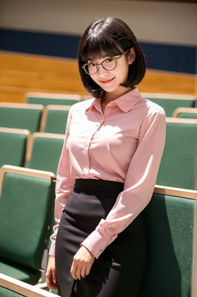 University lecture hall, university psychology associate professor, ((full body)), ((photo)), ((best qualtiy, 8K, tmasterpiece:1.3)), Focus:1.2, perfect figure beautiful woman:1.4, 1woman, cowboy shot, look at viewer, eyes facing the camera, incredibly absurd, beautiful and cute woman with a photorealistic face, showcasing top-quality craftsmanship, A Japanese woman giving a lecture at a university lecture hall, 27 years old, with a bob cut and flipped hair, short bangs swept at an angle, smooth and shiny hair, natural hairline, fair and smooth skin, plump and healthy cheeks, large, jet black eyes, round eyes, long and upward-facing eyelashes, double eyelids, thin and straight eyebrows, small and round nose, plump lips, upturned corners of the mouth, charming smile, cute face, glamorous, well-balanced proportions, tall, beautiful D-cup breasts, silver-rimmed glasses, pink blouse, black tight skirt, fashion with a waist-marked silhouette, scarf, heeled shoes, vanilla perfume, beautiful, pretty older woman, glasses suit her, knowledgeable, playful, curious, intelligent, elegant, November