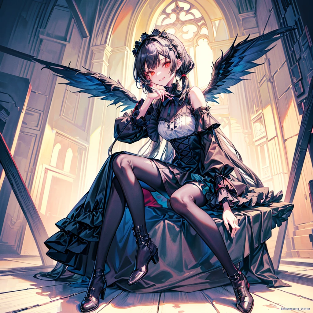 [(church background:1.4)::5],Original,(Illustration:1.1),(Best Quality),(masutepiece:1.1),(the Extremely Detailed CG Unity 8K Wallpapers:1.1), (Colorful:0.9),(mid-shot:0.95),(Full body:1.5),Dynamic Angle,(Solo:1.2), (girl),((Adult)), (Detailed beautiful eyes:1.15), (Beautiful face:1.15), (Glowing red eyes:1.25////),((dark blue long hair)),(Blunt bangs),(low twintails),(+perfect hand+:1.21),(Draw an illustration of a gothic girl),(Religious),(slender),(she has boots on her feet),((Wearing a black dress)),(Furious), Lace Off Shoulder ta Fashion,Beautiful slender woman,((Evil smile)),Dark blue short hair,Dark blue short hair,Laugh,evil smile,mini skirt,short hair,short mini skirt,mini skirt,