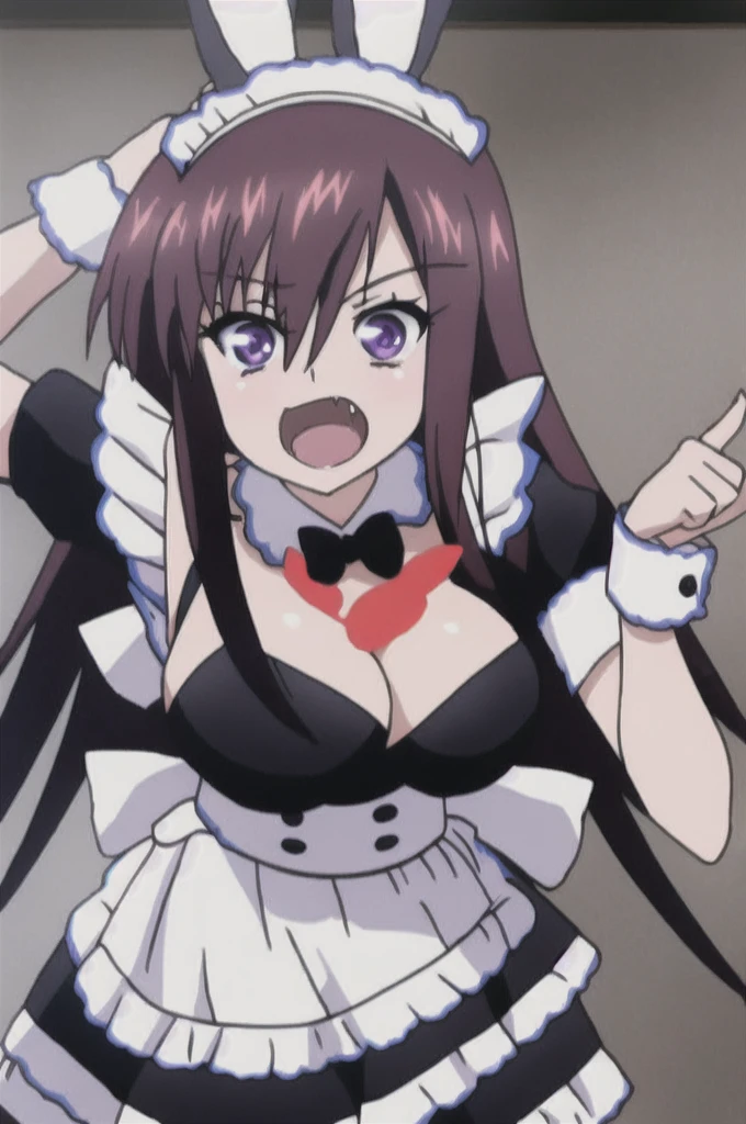 rito, anime_art_style, 1girl, solo, long_hair, breasts, open_mouth, bangs, large_breasts, bow, animal_ears, cleavage, hair_between_eyes, medium_breasts, purple_eyes, short_sleeves, frills, fang, puffy_sleeves, rabbit_ears, :o, apron, puffy_short_sleeves, wrist_cuffs, maid, maid_headdress, detached_collar, fake_animal_ears, waist_apron, white_apron, index_finger_raised, maid_apron