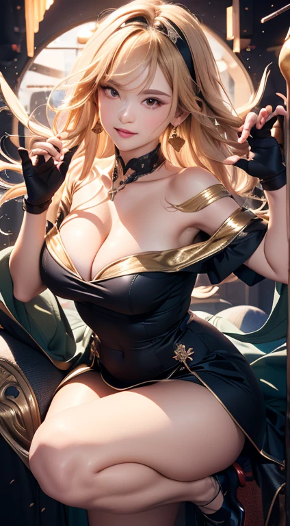 (((丰满柔软的breast,)))(((巨大的breast))) ((())) (Perfect curvy figure),Your wild rose, Anime style beautiful woman, 1 Girl,whole body, Happy, Smile, red Face, Shut up, Beautiful and delicate eyes, Super delicate skin, Backlight, Bare shoulders, black background, black skirt, black Gloves, Black Hair, breast, earrings, fingerless Gloves, Flowing hair, 碎flower, flower, Gloves, gold earrings, gold Headband, hair flower, Hair accessories, Headband, Keep, Keep arms, Jewelry, large breast, Long hooking at the audience, off-shoulder skirt, Off-shoulder,Red Eyes, 短发Long hair, Side lock, Solitary, peak, thigh, two-sided skirt, Double-sided fabric, arms, Fighting Stance , Face, close up, from above, best quality, high resolution.