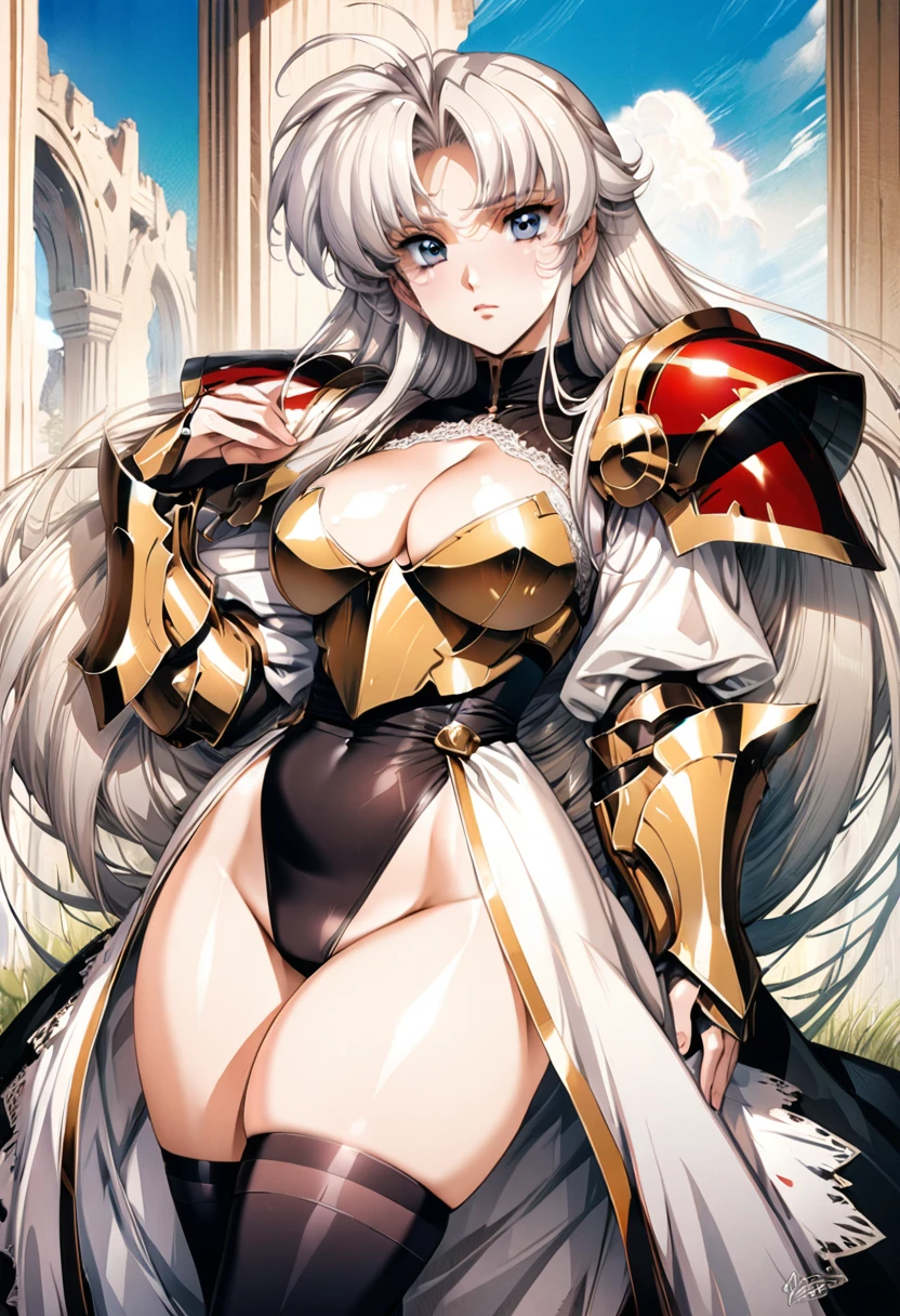 ((highest quality)), ((masterpiece)), ((hyperrealistic)), (detailed background), anime style, solo, 1girl, ((langrisser)), ((curvy: 1.2)), kawaii, ((leotard)), ((lace dress)), white long hair, ahoge, forehead, parted bangs, (long coat), ((large breasts)), ((breastplate)), (zettai ryouiki black knee socks), ((gauntlet)), (big butt), (thighs), (groin), cleavage, beautiful eyes, perfect face, Perfect hands, perfect fingers, Blue sky and grassland,