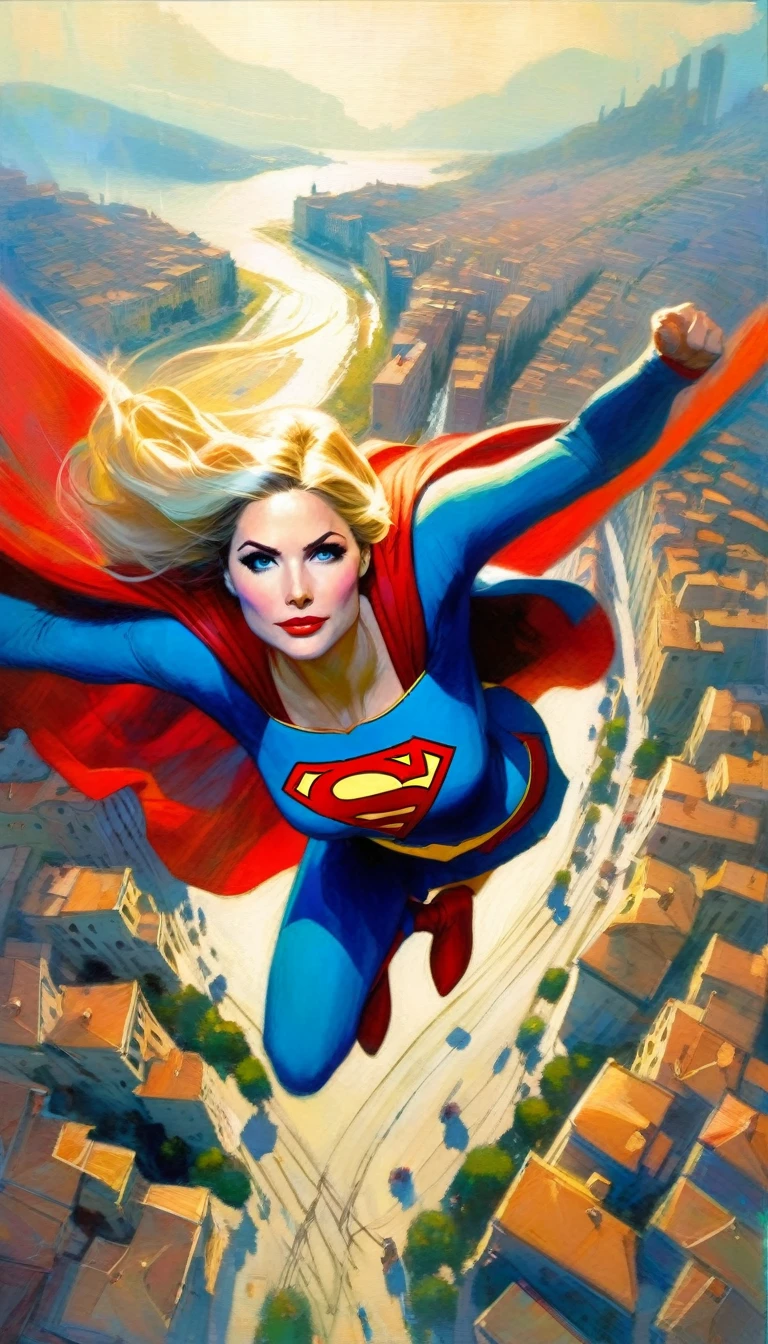 view from above supergirl character, flying over a nice Italian city (art inspired in Bill Sienkiewicz). oil painting)
