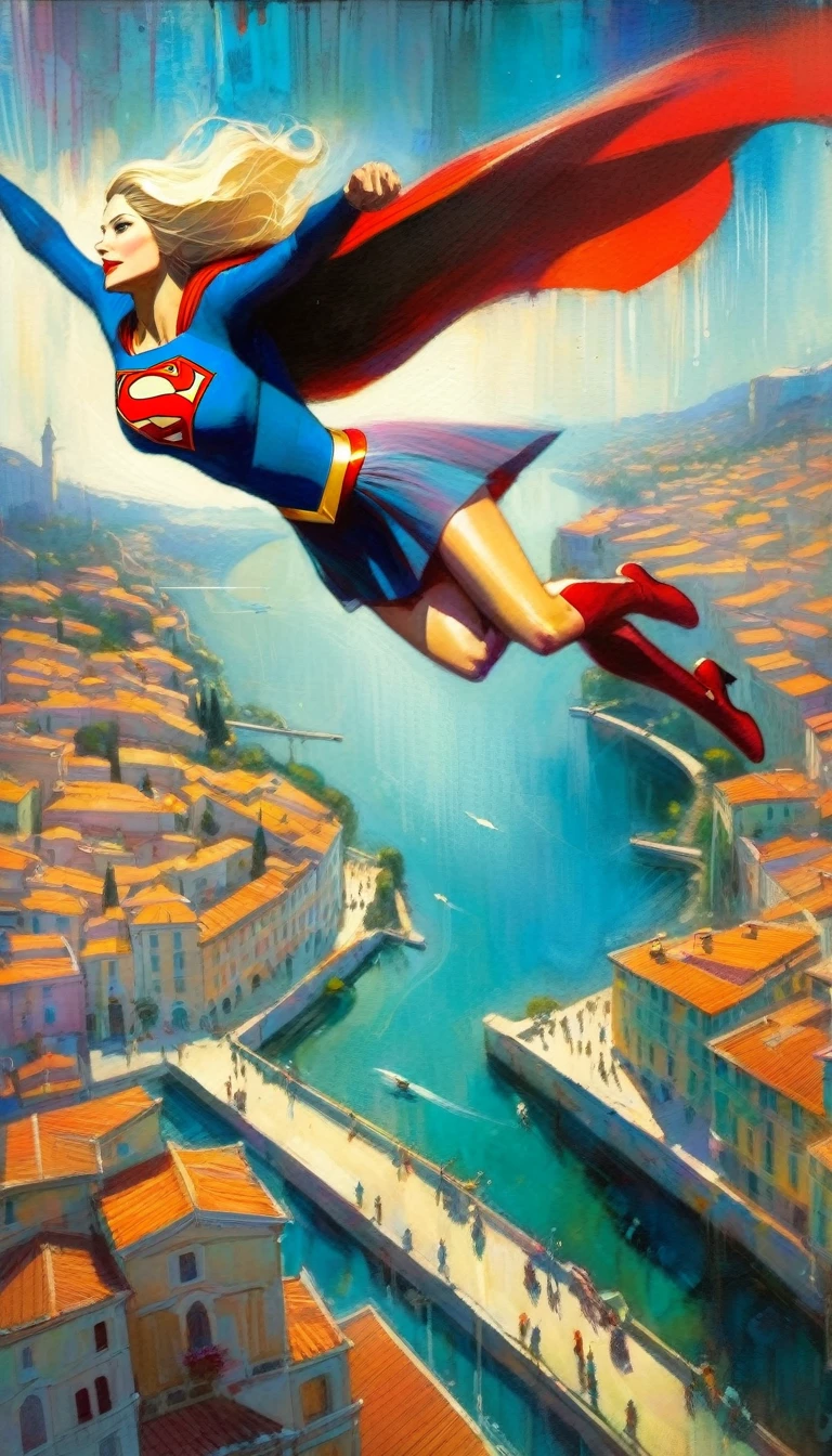 view from above supergirl character, flying over a nice Italian city (art inspired in Bill Sienkiewicz). oil painting)