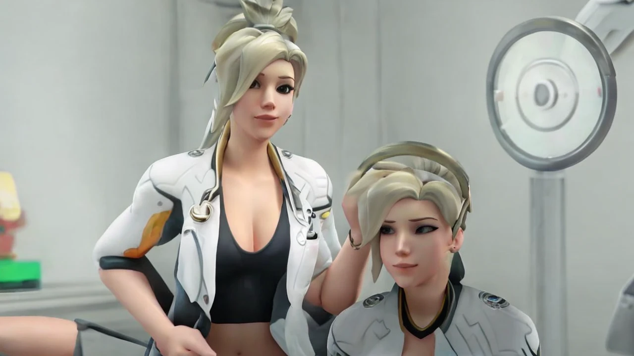 a woman, doctor, high quality, blonde ponytail, 1woman, solo, mercy overwatch