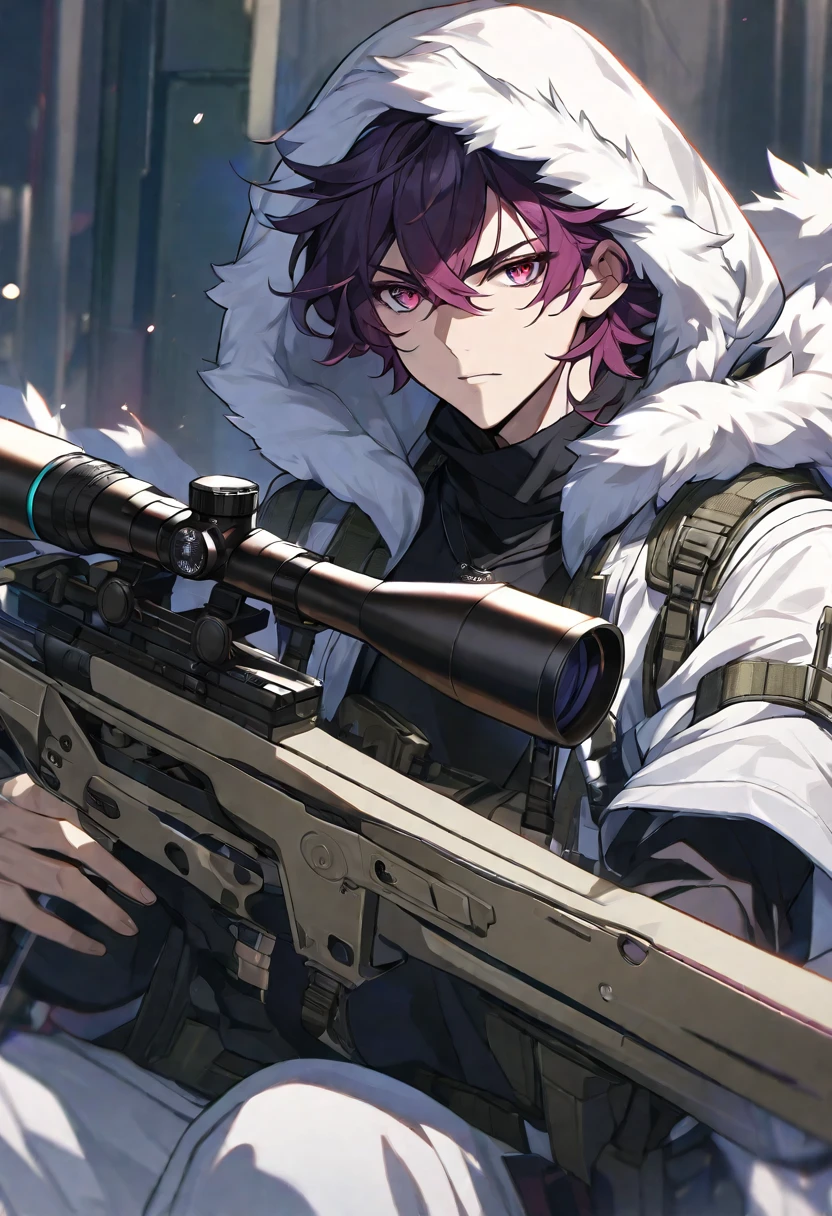 Solo, 1 male, short dark magenta hair, light red eyes, black shirt, white fur hood, sniper