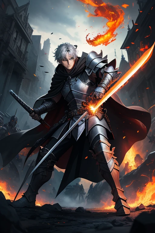 (absurdities, official art, Unity 8k wallpaper, ultra detailed, high quality, best quality), 1 warrior, detailed face, attentive and focused eyes, black cloak, flaming sword, very elaborate, highly detailed silver armor, absurd, with the sword in his right hand in attack position, masterpiece,