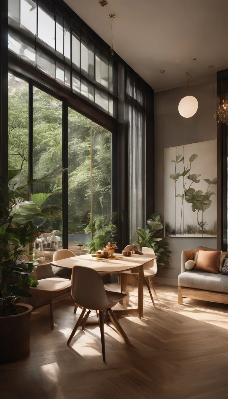 aesthetic window. bright light from window. aesthetic placing. rich food. multi food. royal. rich, food. panoramic windows. bright. daylight. sun rays. happy home. happy color. delicious home. interior design. modern japanese mix europe style interior happy. bright color happy. ultra detail. realistic. dreamy. high resolution. fresh happy. Interior design、detailed wide-angle building photos、cozy contemporary living room、award-winning contemporary interior design、Landscapes、a chair、in a house、wooden floor、window、dining room、east asian architecture、Sliding paper doors、buliding、the woods、natural、Cups、A plant、Interior design、depth of fields. royal rich living room. dining. huge floor huge ceiling, perfect cozy room. aesthetic background. perfect anime room. korean food. ((Masterpiece,best quality,8k uhd,dslr,soft lighting,high quality,hyper detail,film grain, Fujifilm XT3, UE 5 render 8k, super high resolution, supper detail. droste effect photography, macro photography, cinematic lighting, interior design, glossy flooR)), livingroom. reflect. aquarium. large. tropical. luxury. luxurious cozy cafe. wonderfull. amazing. 