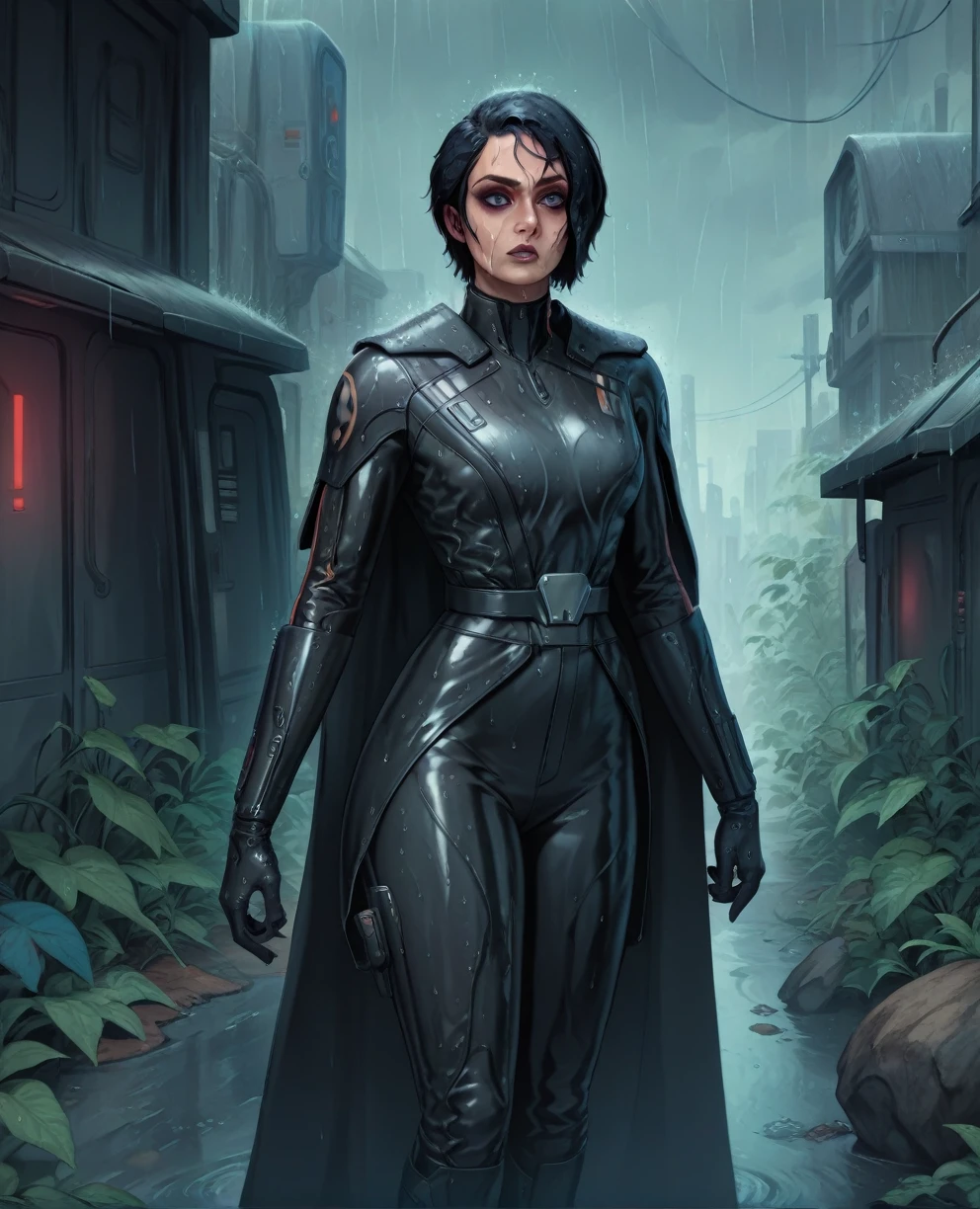 score_9,score_8_up,score_7_up,score_6_up, Black woman sabine wren ,,black hair, FULL body, wet, armor,gloves,black bodysuit,black cape,belt,rain, science fiction,sith base, star wars, outdoors, rain, solo,fflixbag wearing armor sabine wren
