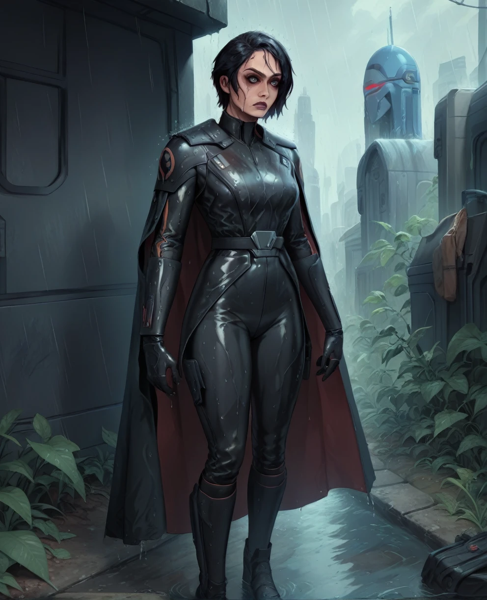 score_9,score_8_up,score_7_up,score_6_up, Black woman sabine wren ,,black hair, FULL body, wet, armor,gloves,black bodysuit,black cape,belt,rain, science fiction,sith base, star wars, outdoors, rain, solo,fflixbag wearing armor sabine wren
