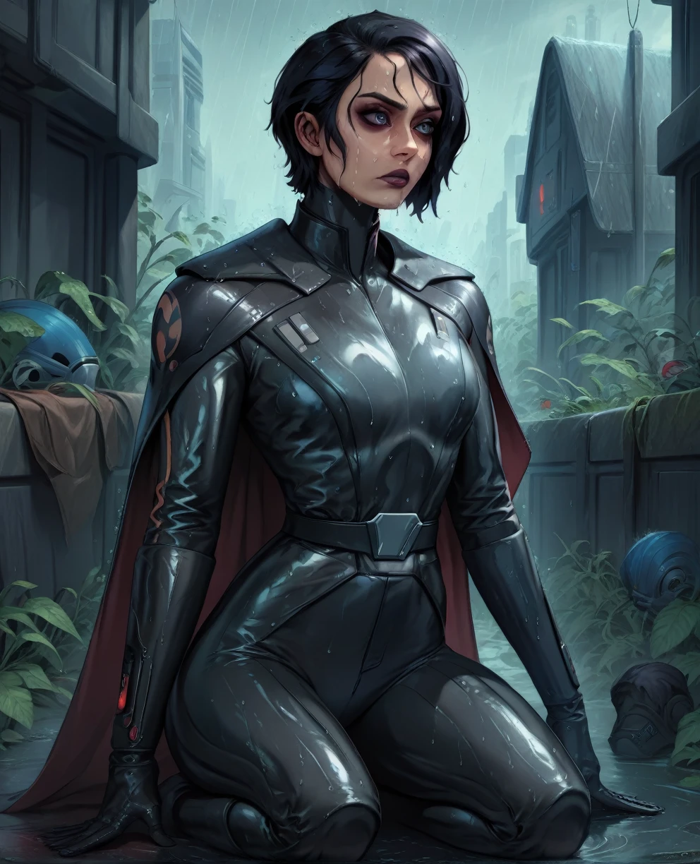 score_9,score_8_up,score_7_up,score_6_up, Black woman sabine wren ,,black hair, FULL body, wet, armor,gloves,black bodysuit,black cape,belt,rain, science fiction,sith base, star wars, outdoors, rain, solo,fflixbag wearing armor sabine wren
