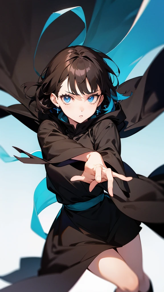 An Anime girl in black clover style in a black coat with short brown hair with blue eyes
