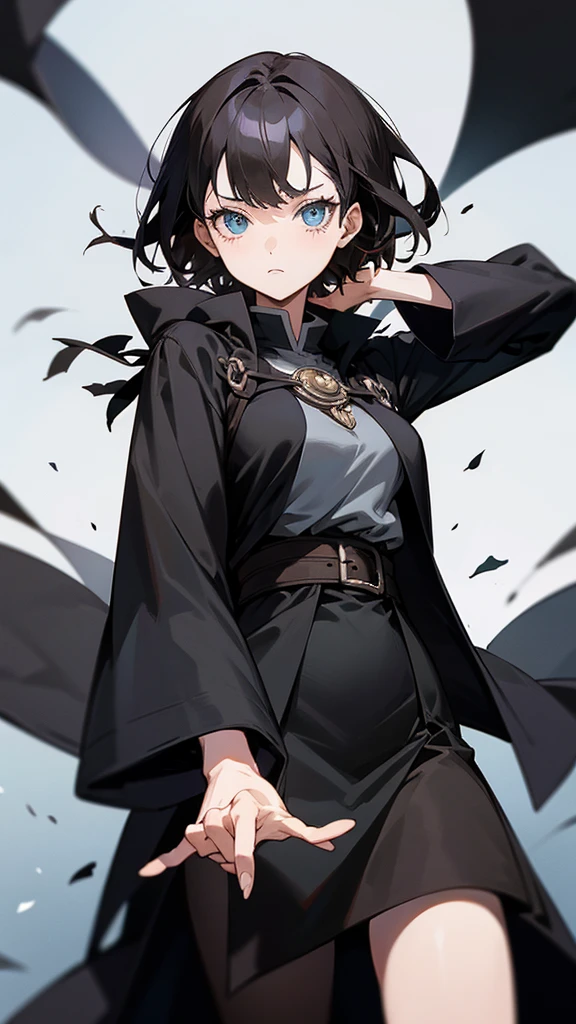 An Anime girl in black clover style in a black coat with short brown hair with blue eyes