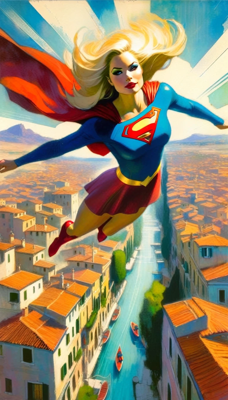 view from above supergirl character, flying over a nice Italian city (art inspired in Bill Sienkiewicz). oil painting)
