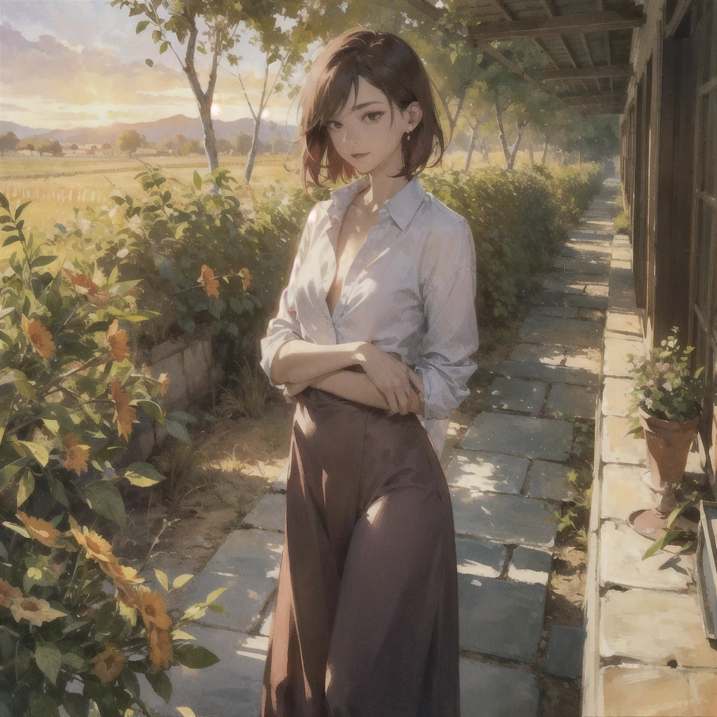 Exquisite, slender, delicate girl of with a perfect gentle face of the southern type (with short dark burgundy hair) with freckles (with ruby earring) in the rays of the rising sun, naked with tender bare breasts with pink swollen nipples ((barefoot)) ((in an unbuttoned open burgundy shirt over a naked body and in small burgundy panties)) (on the veranda in the garden) Drinks (coffee) and looks at the flowers, in watercolor style, discreet light shades, Flares, (imitation of film photography), against the sun, a lot of sun glare, light fills the frame, olive and grape groves, strong wind, Brick Road, high image quality, Maximum detail, sunset lighting, Warm evening shades, (warm golden and olive sunset light), big space eyes, olive and grape groves, Brick Road, ((brick house, coffee, coffeeйные чашки, coffeeйник))