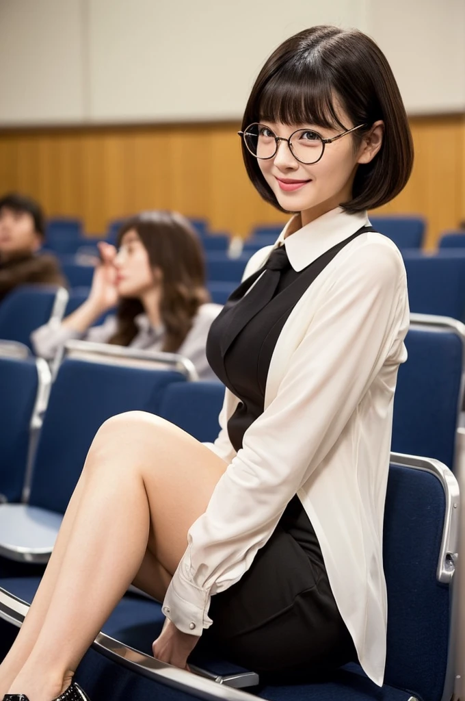 Adult sex appeal、Sexy female scholar、University lecture hall, university psychology associate professor, ((full body)), ((photo)), ((best qualtiy, 8K, tmasterpiece:1.3)), Focus:1.2, perfect figure beautiful woman:1.41woman, cowboy shot, look at viewer, eyes facing the camera, incredibly absurd, beautiful and cute woman with a photorealistic face, showcasing top-quality craftsmanship, A Japanese woman giving a lecture at a university lecture hall, 27 years old, with a bob cut and flipped hair, short bangs swept at an angle, smooth and shiny hair, natural hairline, fair and smooth skin, plump and healthy cheeks, large, jet black eyes, round eyes, long and upward-facing eyelashes, double eyelids, thin and straight eyebrows, small and round nose, plump lips, upturned corners of the mouth, charming smile, cute face, glamorous, well-balanced proportions, tall, beautiful D-cup breasts, silver-rimmed glasses, pink blouse, black tight skirt, fashion with a waist-marked silhouette, scarf, heeled shoes, vanilla perfume, beautiful, pretty older woman, glasses suit her, knowledgeable, playful, curious, smart, elegant, November