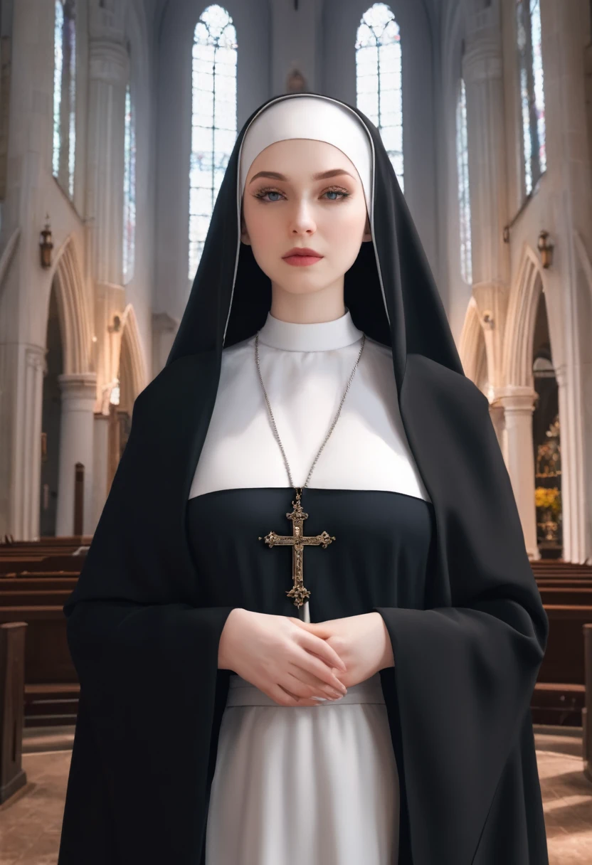  Young woman, pale skin, absolutely beautiful, huge breasts, wide hips, tight nun habit, (church background) (4k image) (highest quality)