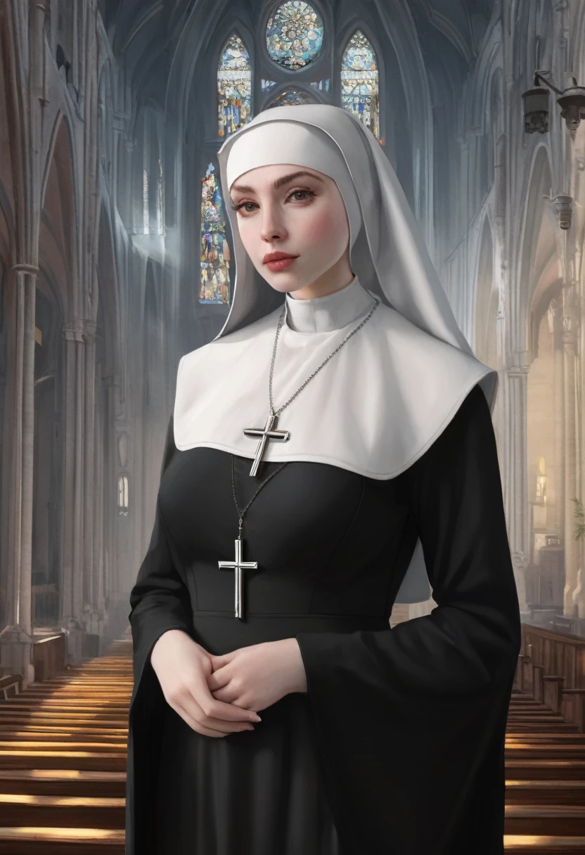 Young woman, pale skin, absolutely beautiful, huge breasts, wide hips, tight nun habit, (church background) (4k image) (highest quality)