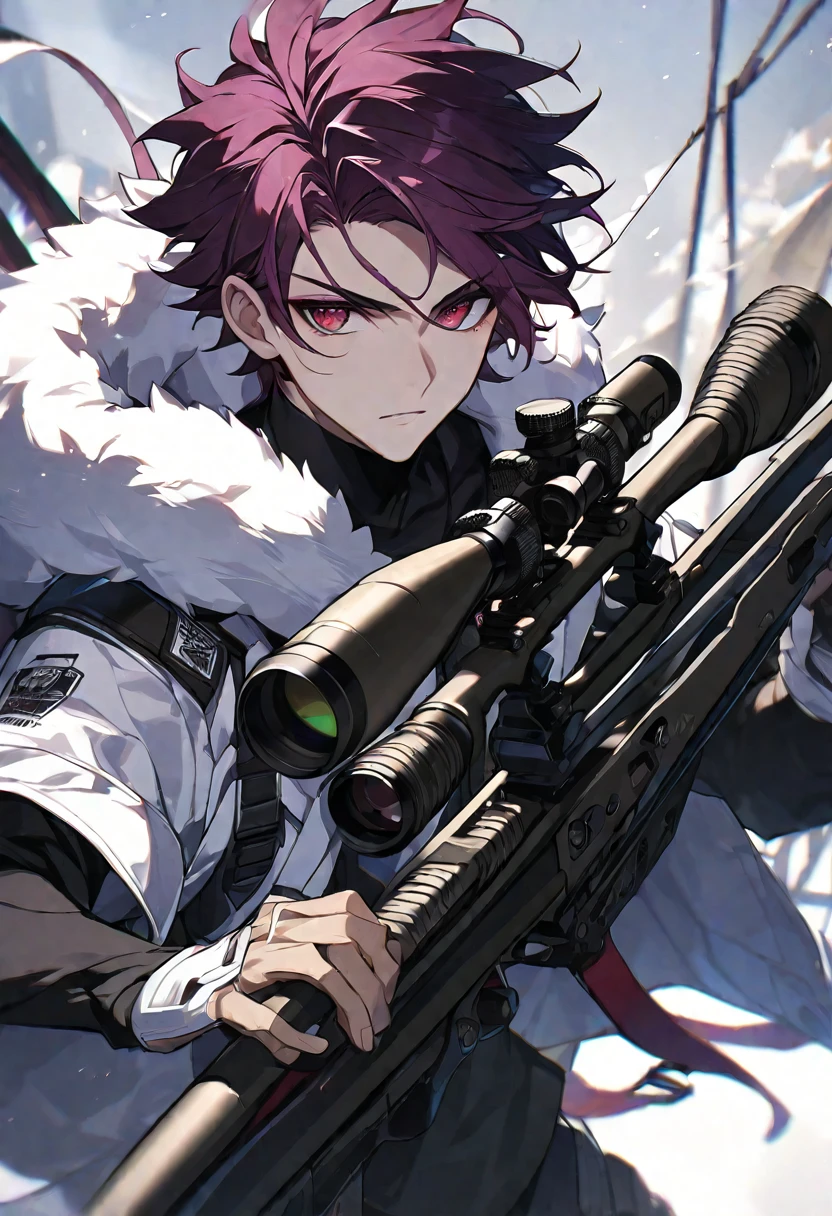 Solo, 1 male, short dark magenta hair, light red eyes, black shirt, white fur hood, sniper