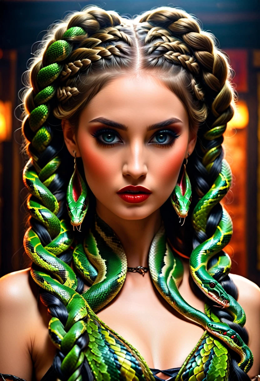 dark fantasy art  (braids thar become living snakes: 1.5) of a beautiful woman, reptilian eyes, pale skin, having twin snake braids, ((only two braids made from living snakes: 1.3)) each braid a snake coming out the woman's head, living snake, hissing snake,  on the woman's  head, she wears intricate leather dress, dynamic color dress,  thigh high heeled boots, modern bar background,  dynamic range, vibrant, Ultra-high resolution, High Contrast, (masterpiece:1.5), highest quality, Best aesthetics), best details, best quality, highres, ultra wide angle, 16k, [ultra detailed], masterpiece, best quality, (extremely detailed), snake hair, sn4k3h41r, snake hair, Dark Art Painting Style