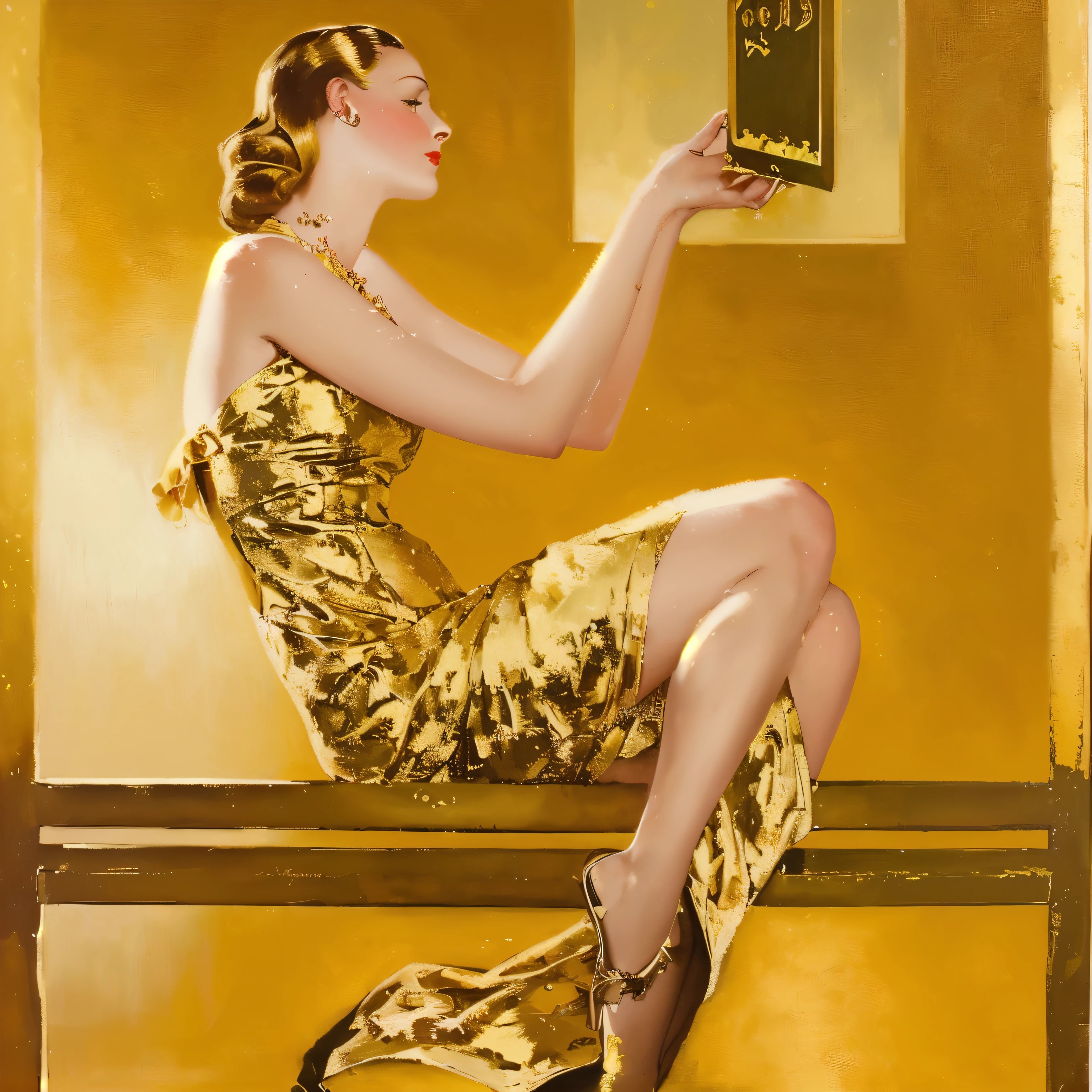 painting of a woman in a gold dress sitting on a bench, inspired by Coles Phillips, enoch bolles, part leyendecker style, inspired by joseph christian leyendecker, inspired by J. C. Leyendecker, inspired by J.C. Leyendecker, leyendecker style, hints of coles phillips, inspired by Frank Xavier Leyendecker