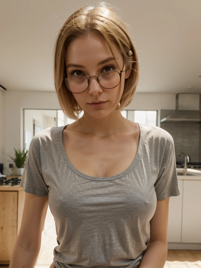 Femme en short court avec les cheveux blond et long des lunettes et un t-shirt moulant avec un gros décolleté sur le canapé avec une queu et des oreilles de lapin