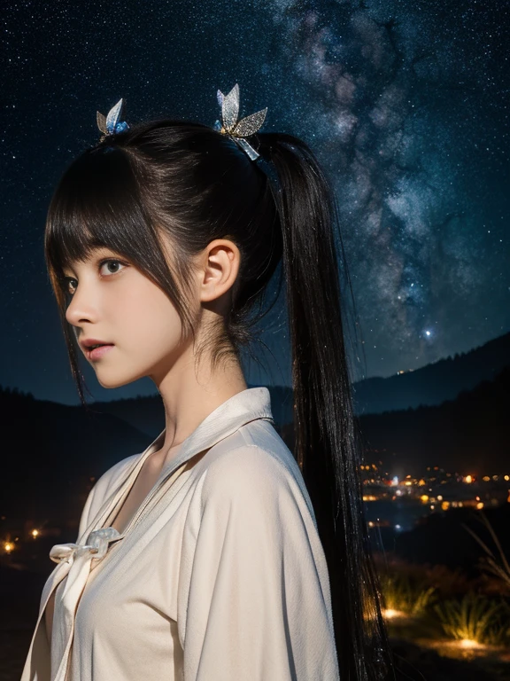 (RAW Photos, Highest quality), masterpiece, 1 Girl, (Twin tails), head shot, magic, forest, Starry night sky, fog, Fantasy, Sparkling, magicの杖, Elf Ears